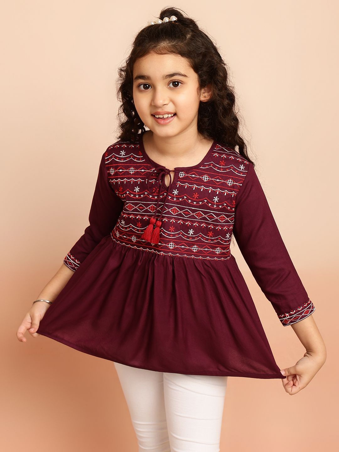 

Miss & Chief Girls Ethnic Motifs Embroidered Tie-Up Neck Top, Maroon