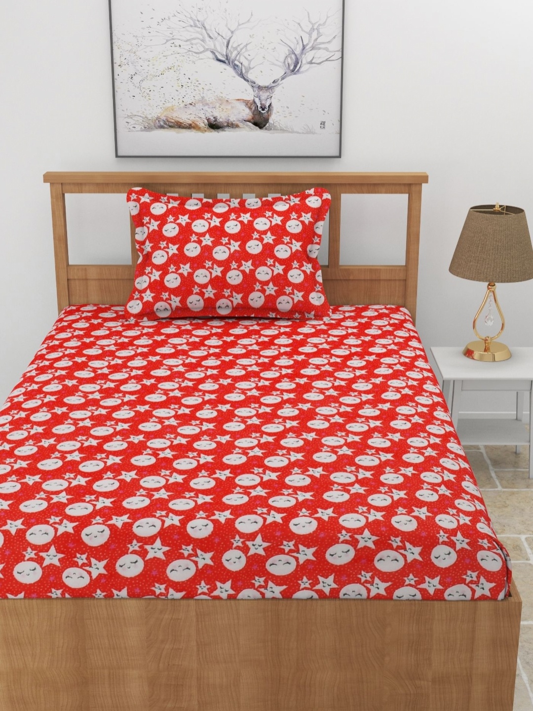 

MORADO Red Cartoon Characters Printed Wool210 TC Single Bedsheet Set 0.91 m x 1. 82 m