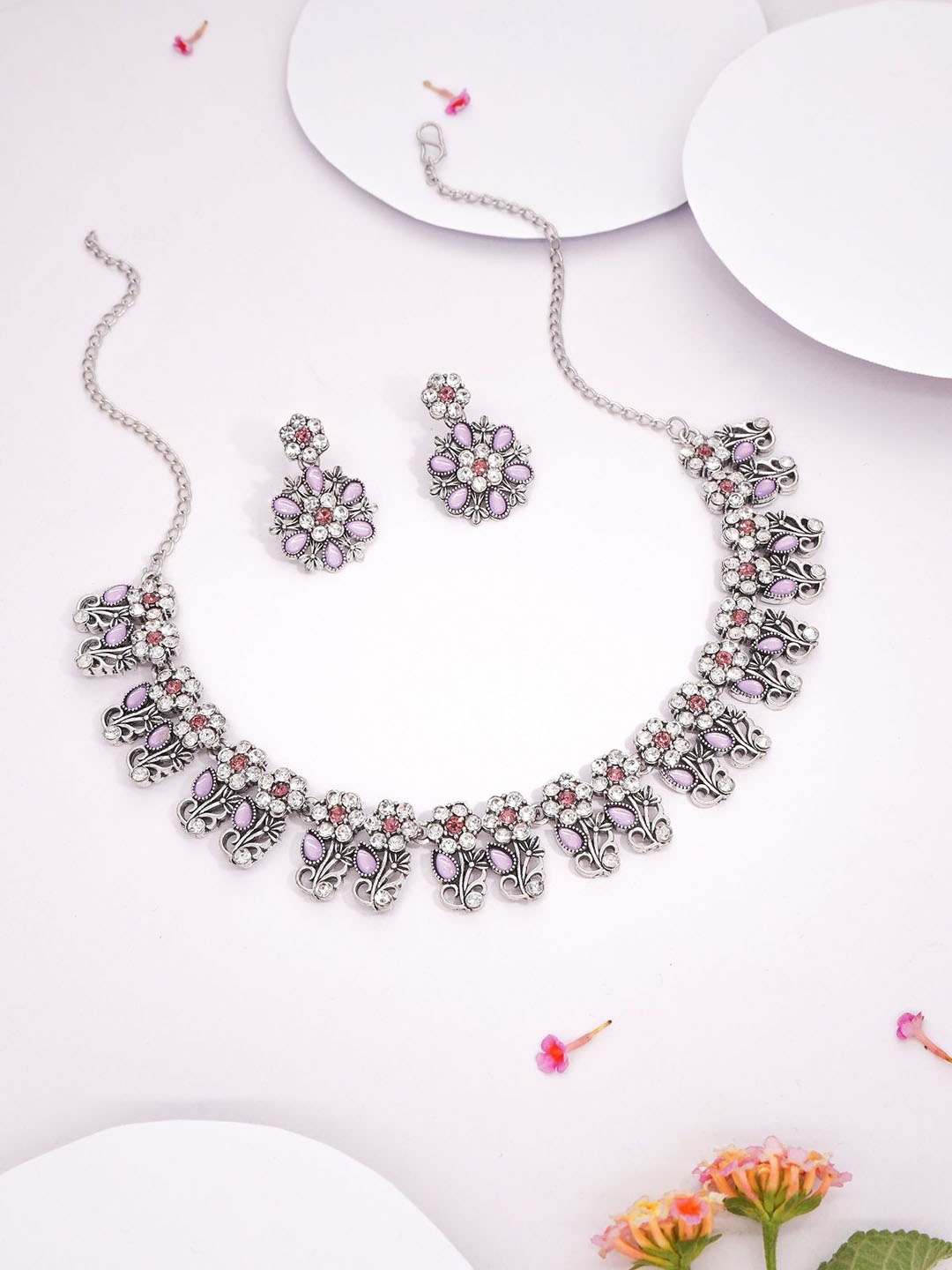 

Anouk Silver-Plated Artificial Stone Studded Necklace With Earrings