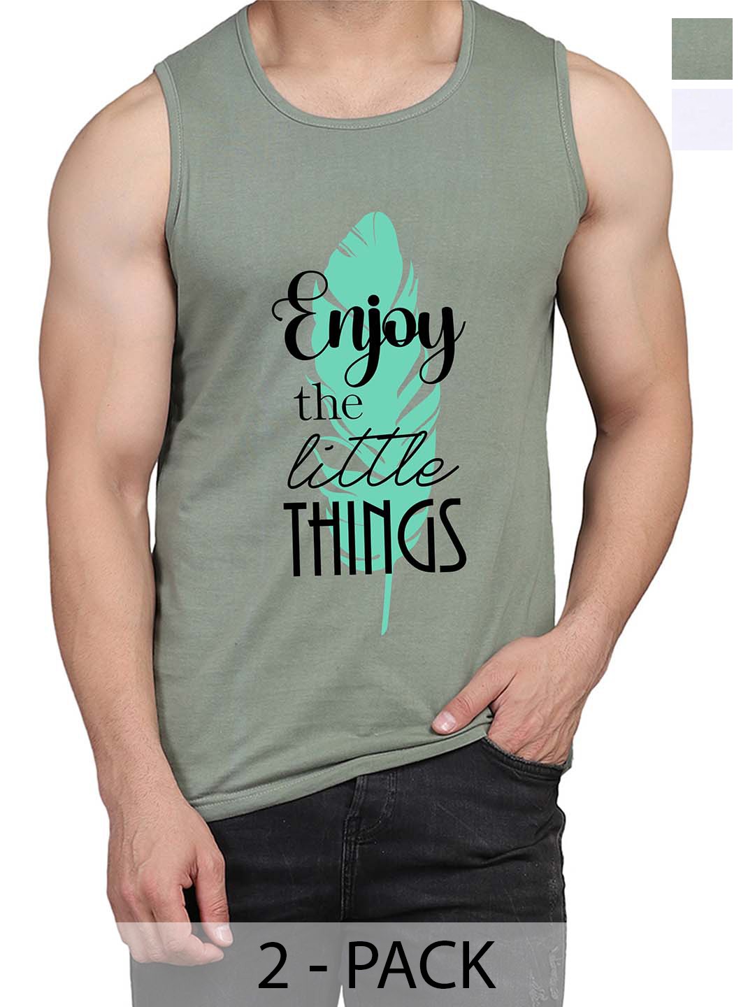 

WOOSTRO Pack Of 2 Printed Cotton Innerwear Vests RS26 (ENJOY LGTGREEN)(HARD WHITE), Green
