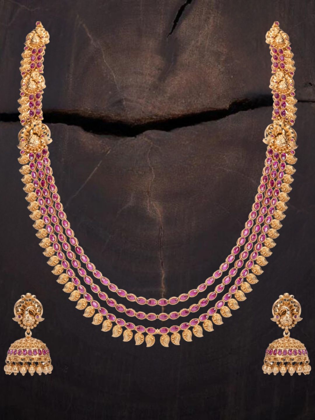 

South Temple Jewellery Gold-Plated Artificial Stones Studded Antique Jewellery Set