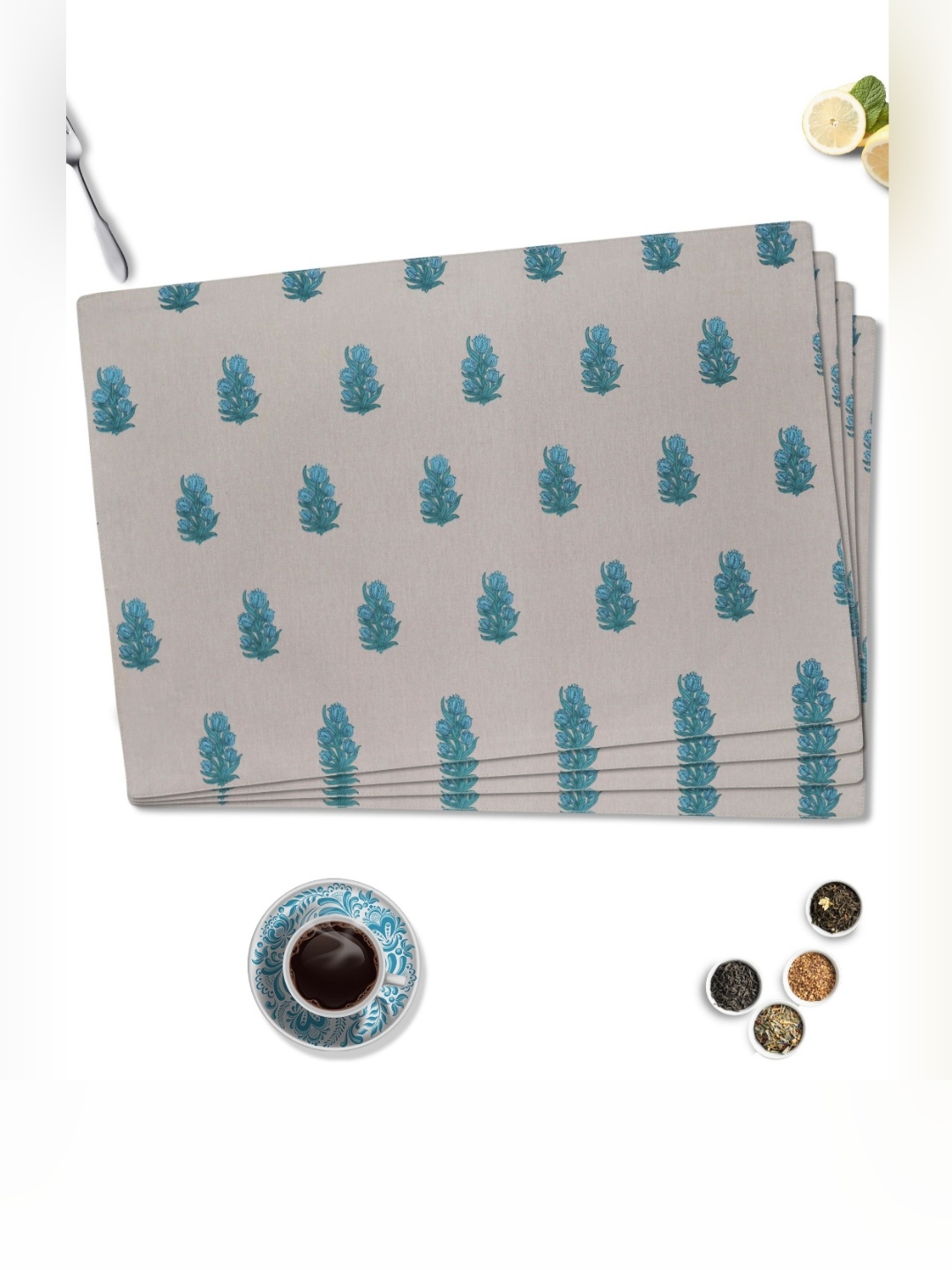 

HOME COLORS.IN 4-Pcs Beige & Blue Printed Cotton Table Placemats