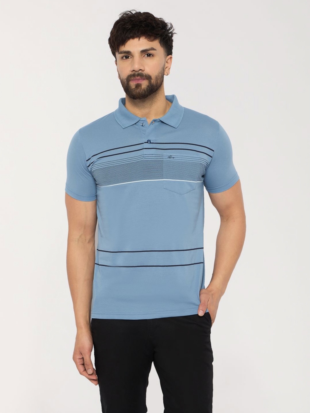 

ARRAY Men Striped Polo Collar Cotton Slim Fit T-shirt, Blue