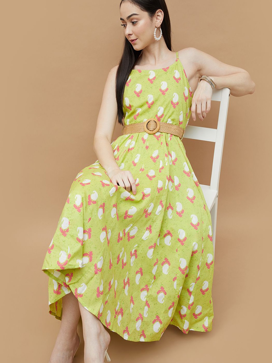 

Colour Me by Melange Floral Print Smocked Detail Fit & Flare Midi Dress With Belt, Yellow