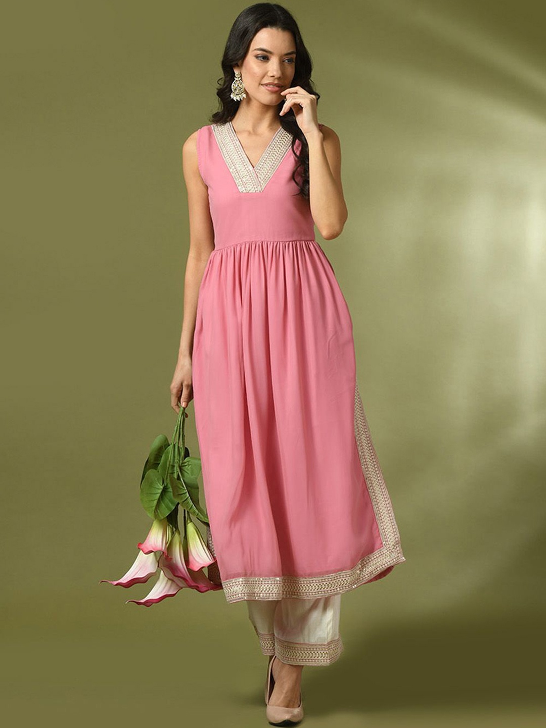 

KALINI Embroidered V Neck Pleated Georgette Kurta With Trousers, Pink