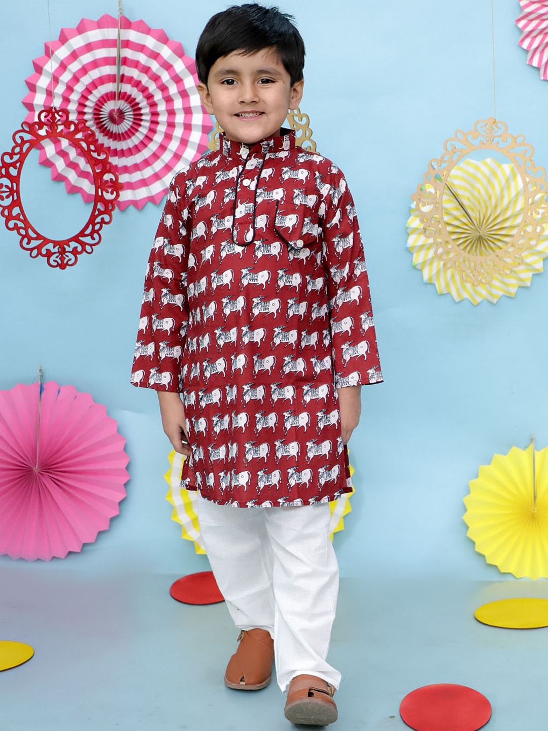 

KID1 Boys Animal Printed Pure Cotton Kurta With Pyjamas, Maroon