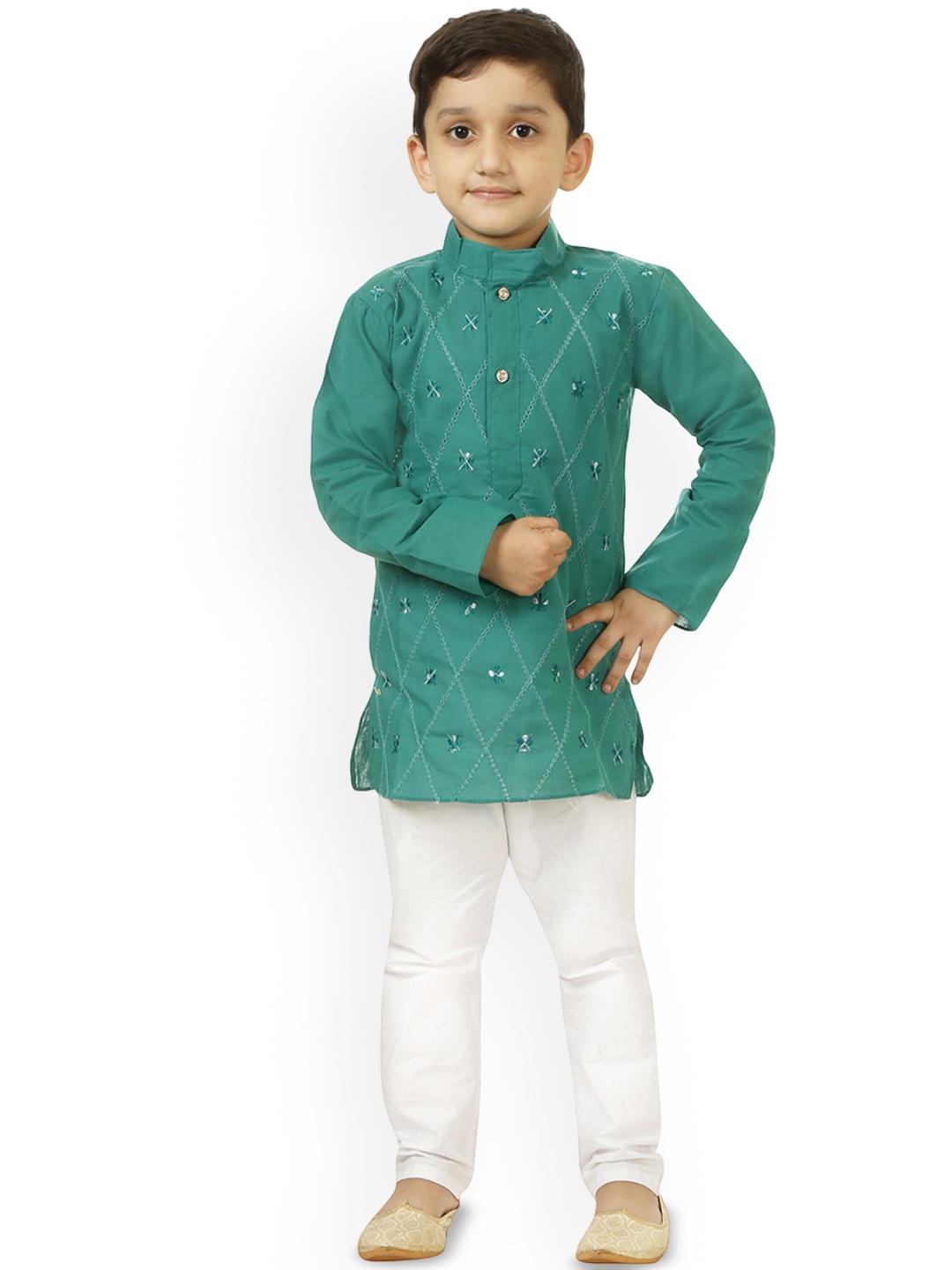 

Cae Boys Geometric Embroidered Straigt Kurta with Pyjamas, Green