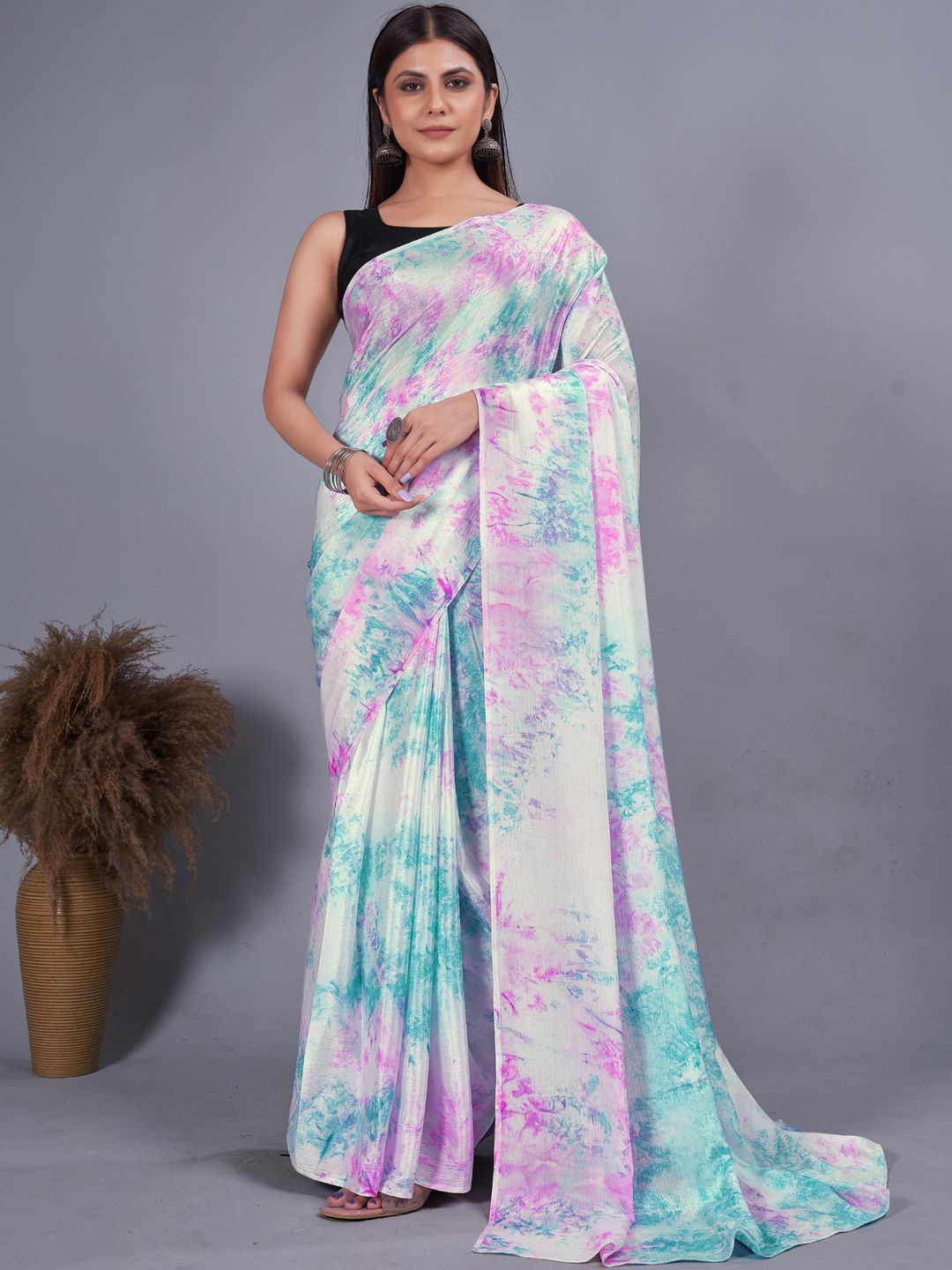 

DIVASTRI Abstract Printed Ready to Wear Saree With Unstitched Blouse Piece, Blue