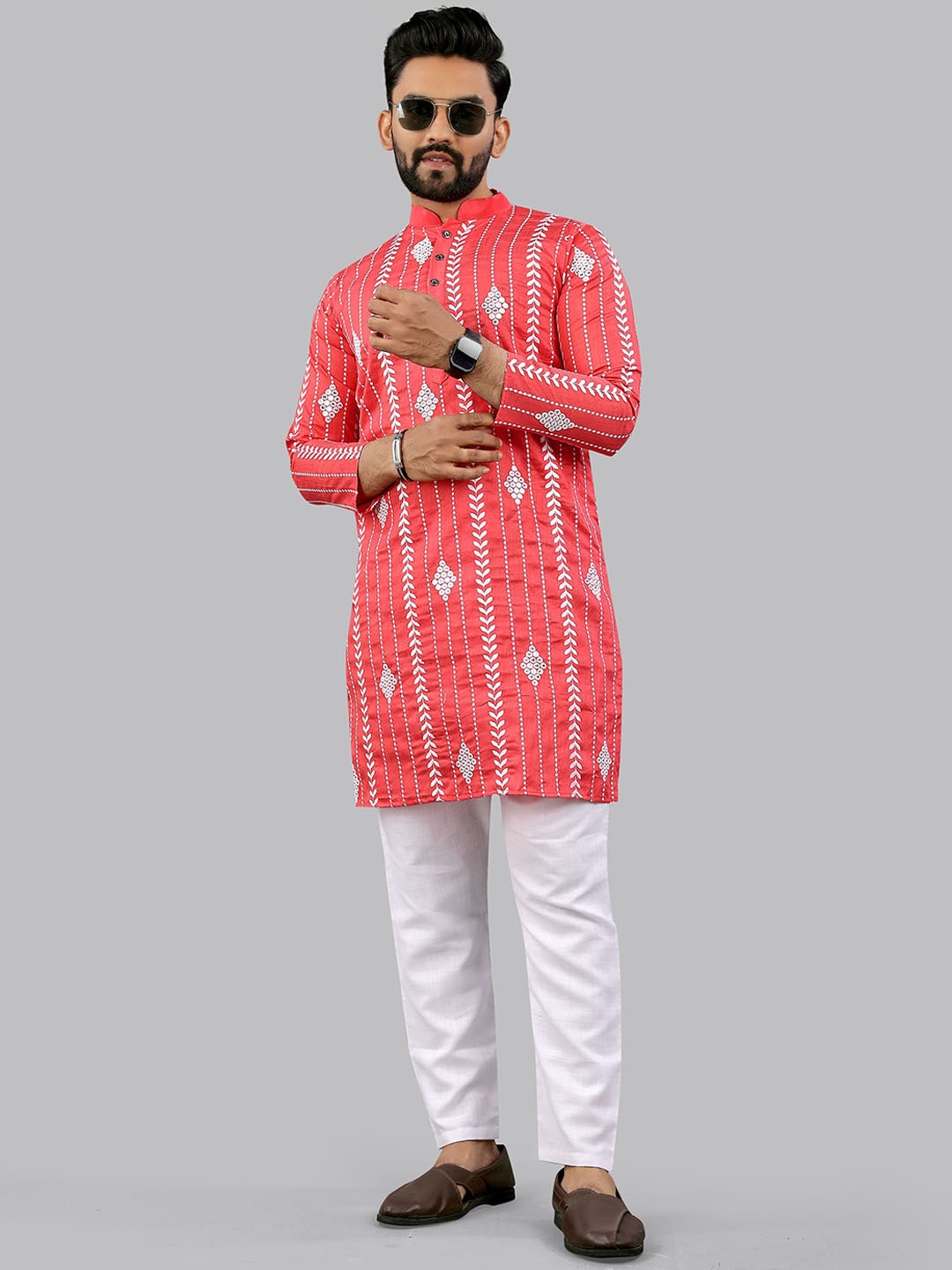 

CHARLOTTE GRACIOUS Men Embroidered Sequinned White Romance Kurta, Pink