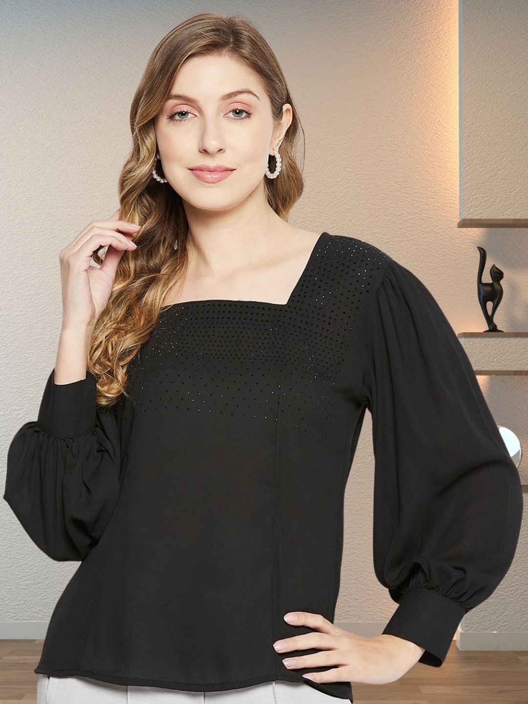 

DressBerry Women Embellished Bishop Sleeves Studded Georgette Top, Black