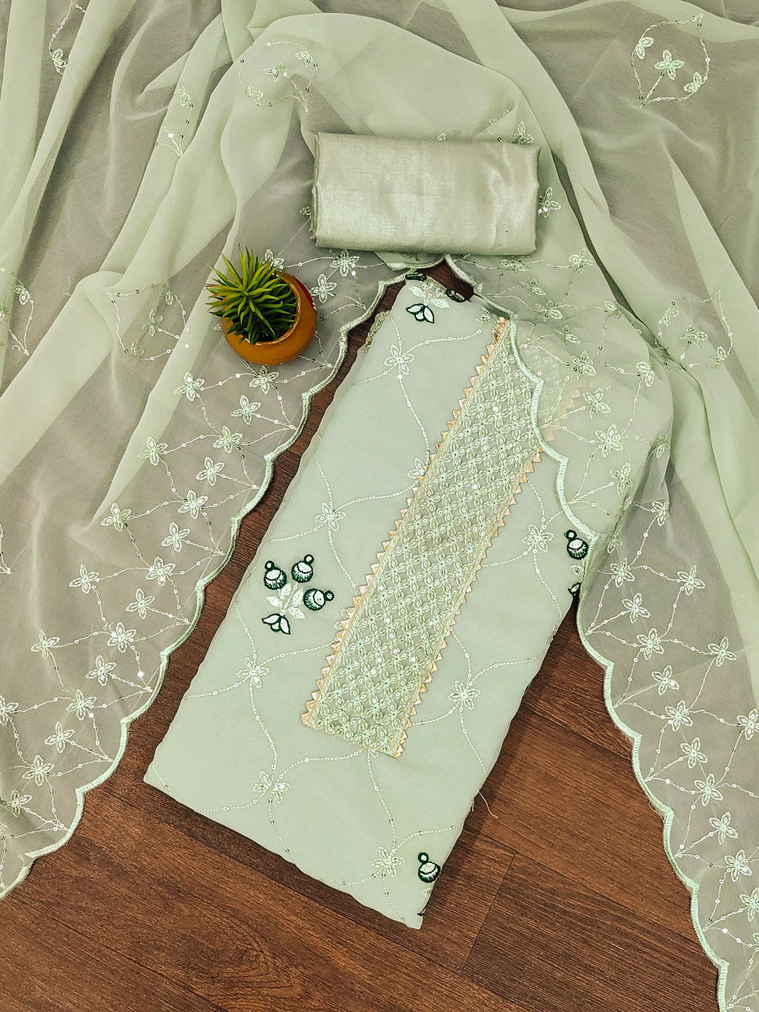 

SAINOOR Floral Embroidered Silk Georgette Unstitched Dress Material, Green