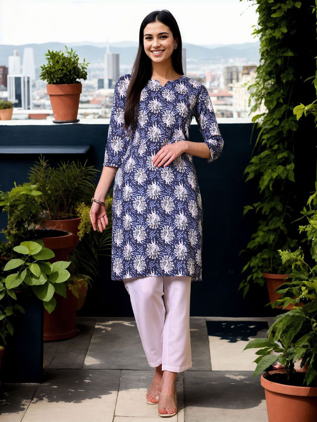 

Anouk Rustic Ethnic Motifs Printed Notch Neck Straight Kurta, Blue