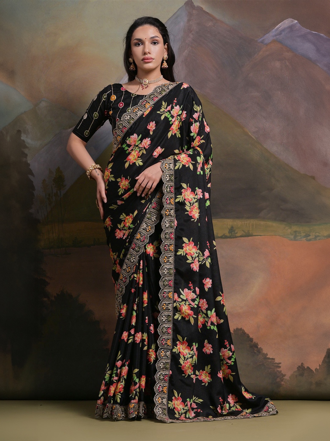 

DIVASTRI Floral Sequinned Silk Blend Saree, Black