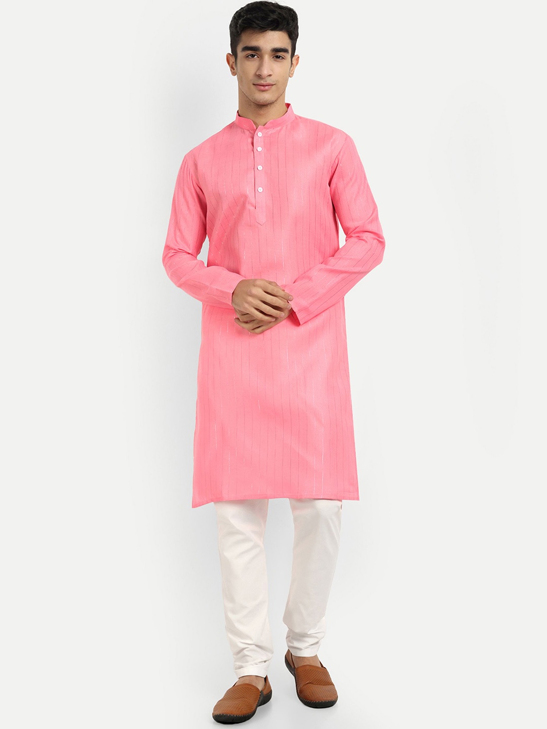 

WELL TEX Striped Embroidered Mandarin Collar Straight Kurta, Pink