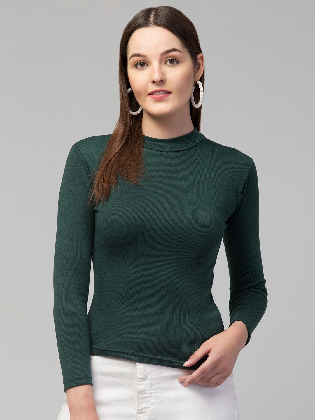 

Swaggish Ribbed Round Neck Fitted Top, Green