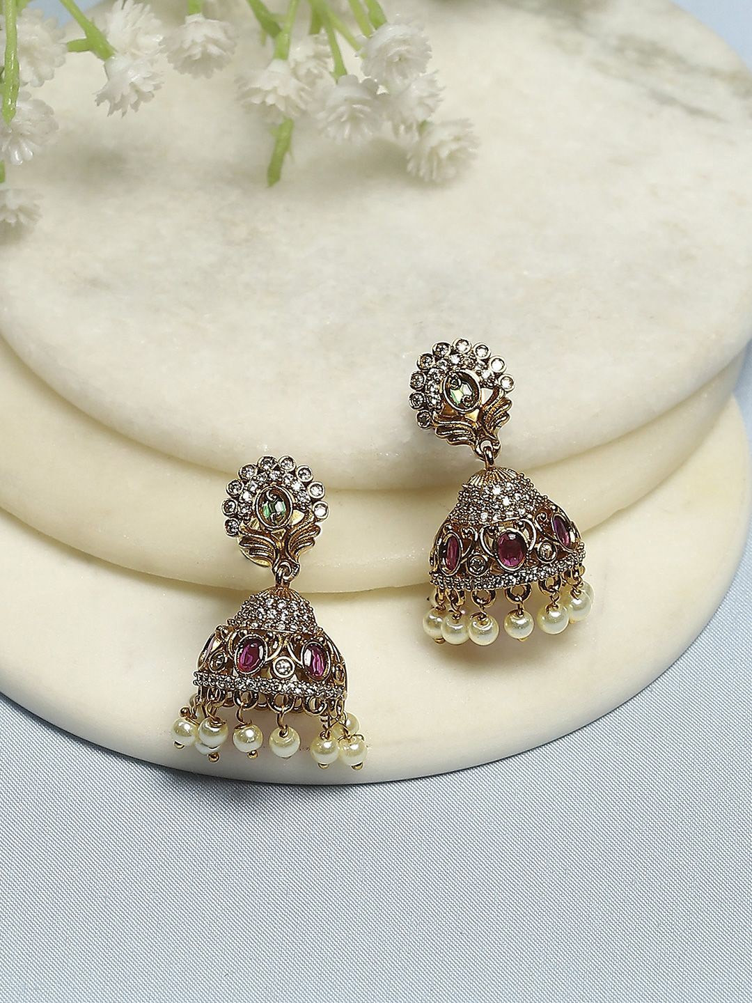 

Biba Gold-Plated Artificial Stones Studded and Beaded Dome Shaped Jhumkas