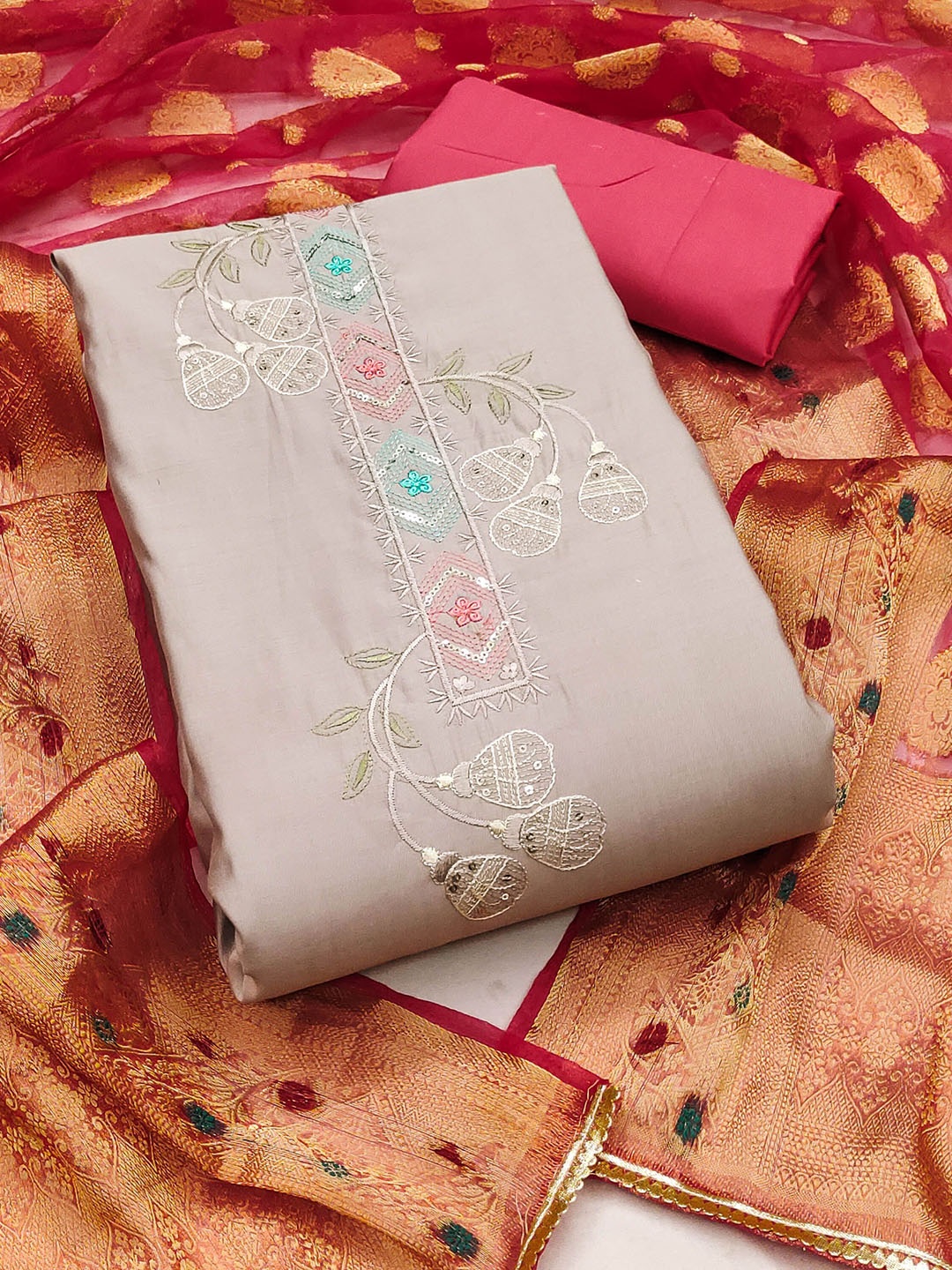 

SAINOOR Floral Embroidered Sequinned Pure Silk Semi-Stitched Dress Material, Pink
