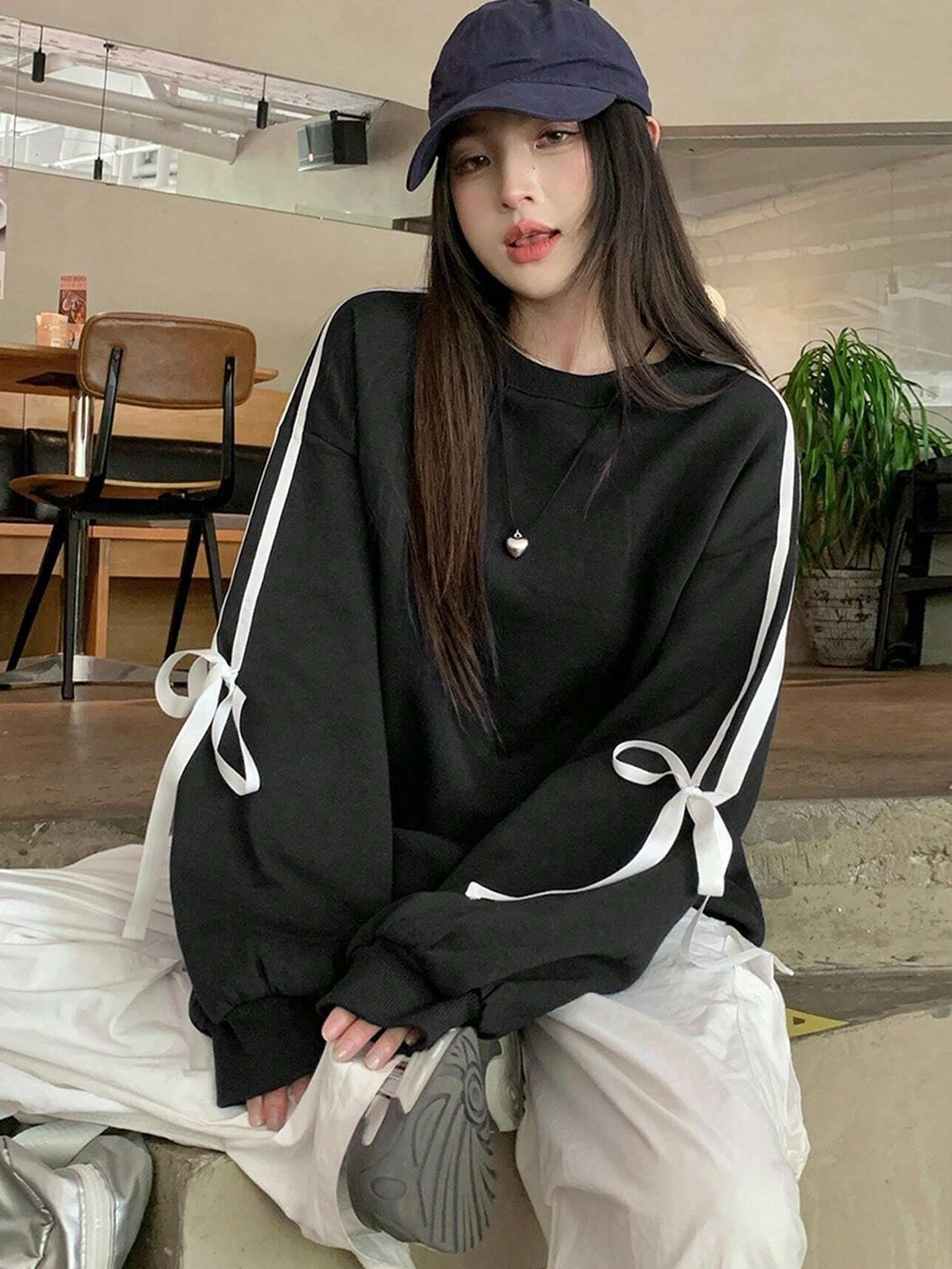 

SXV STYLE Women Black Round Neck Tie-Ups Detail Sweatshirt
