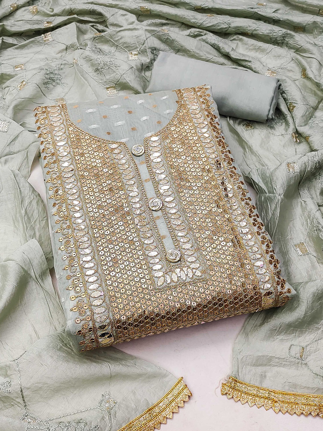 

SAINOOR Geometric Woven Design Sequinned Unstitched Dress Material, Grey