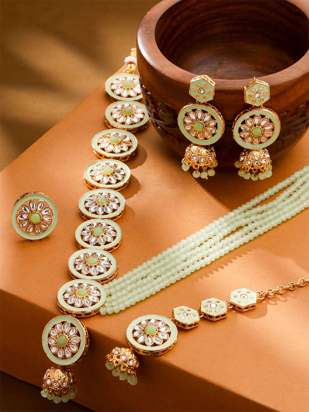

Yellow Chimes Gold-Plated Kundan-Studded & Beaded Long Layered Jewellery Set