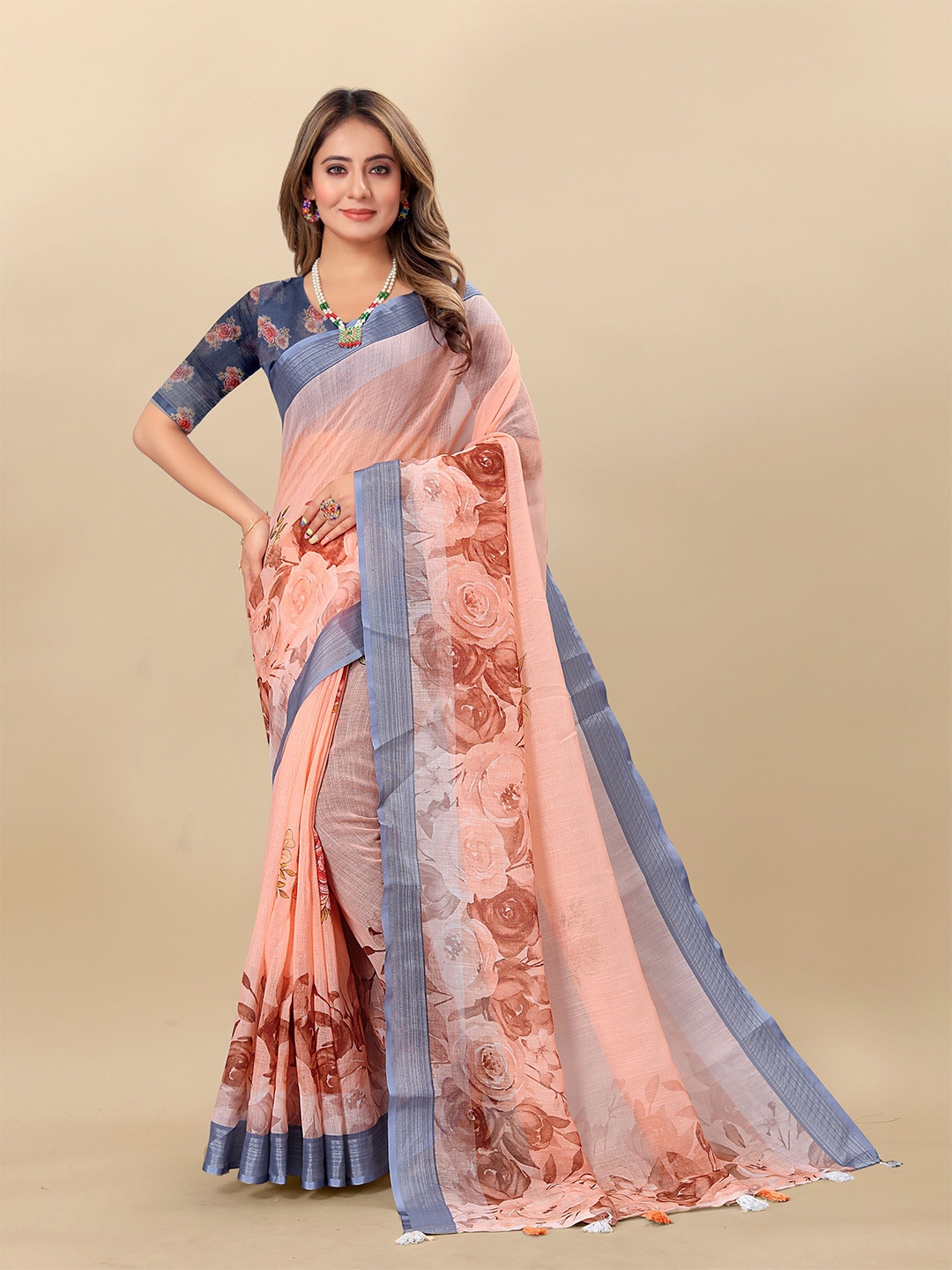 

Anouk Floral Printed Zari Saree, Peach