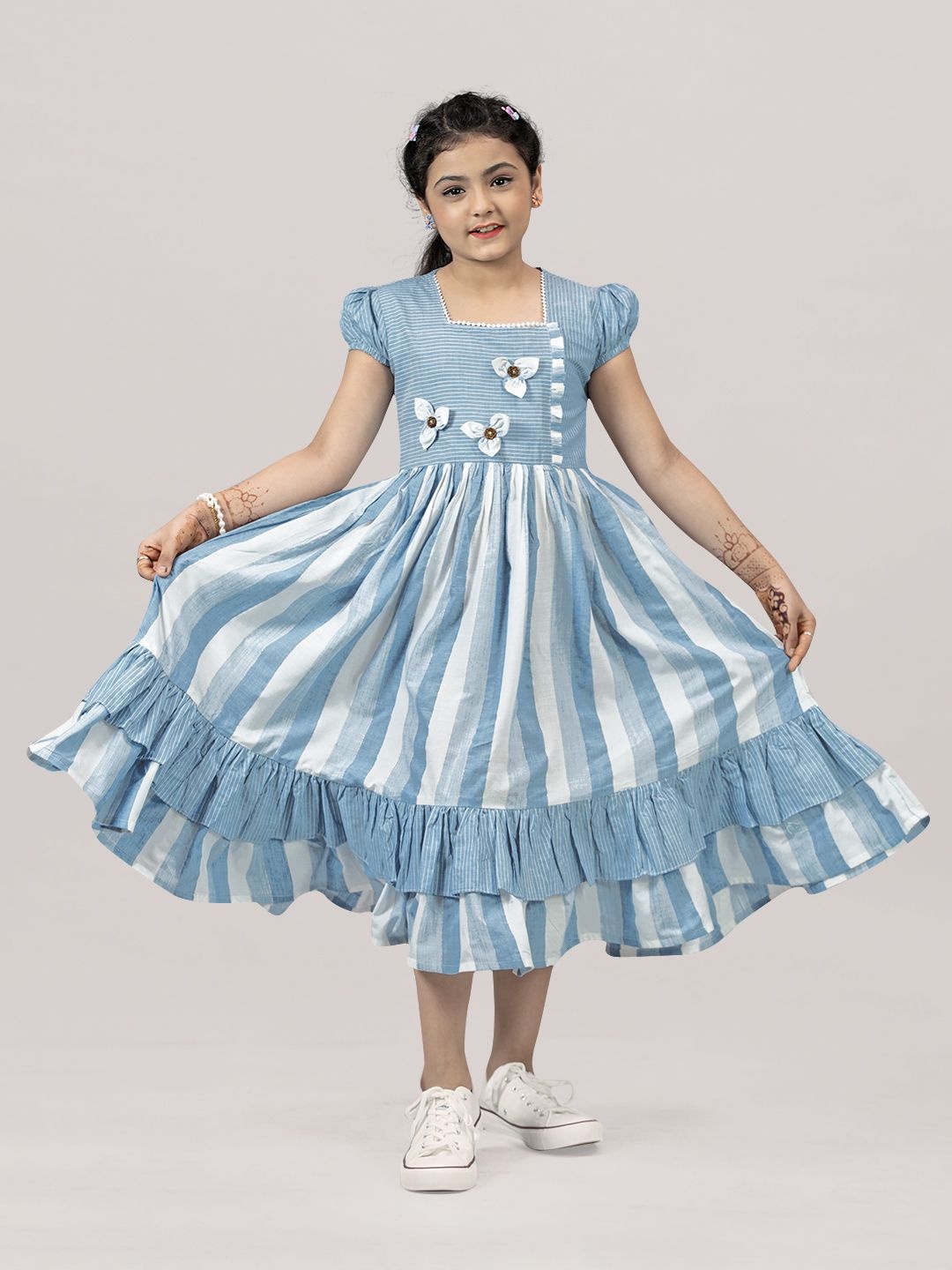 

YK Girl Striped Square Neck Puff Sleeve Tiered Fit & Flare Midi Dress, Blue