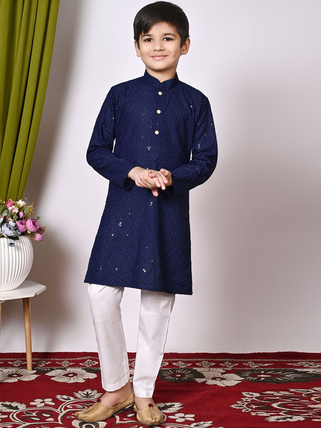 

Cae Boys Geometric Embroidered Sequinned Mandarin Collar Straight Kurta with Pyjamas, Navy blue