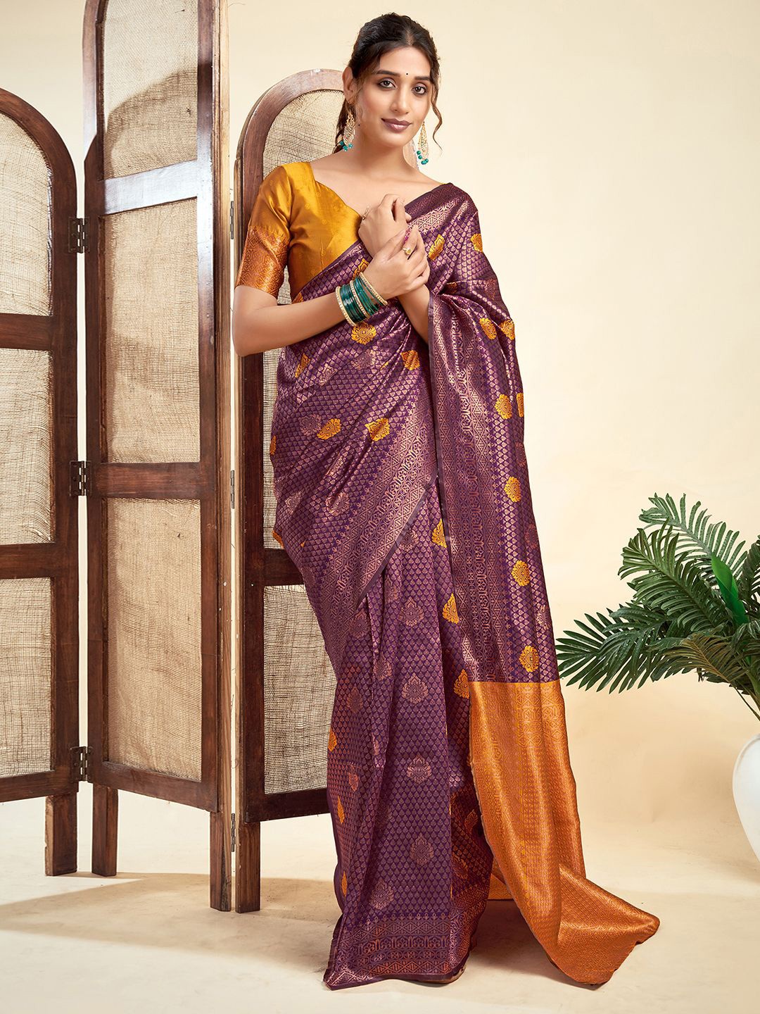 

HERE&NOW Floral Woven Design Zari Banarasi Saree, Purple