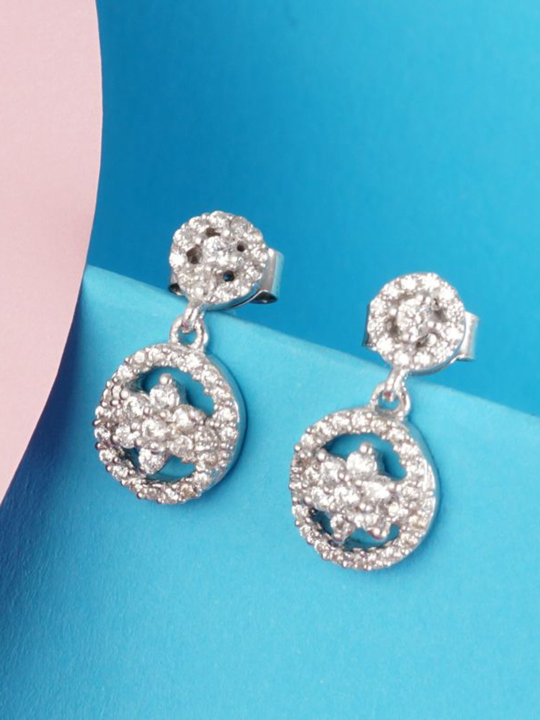 

Tuanz Silver Jewelry 925 Sterling Silver Rhodium-Plated Stone Studded Drop Earrings