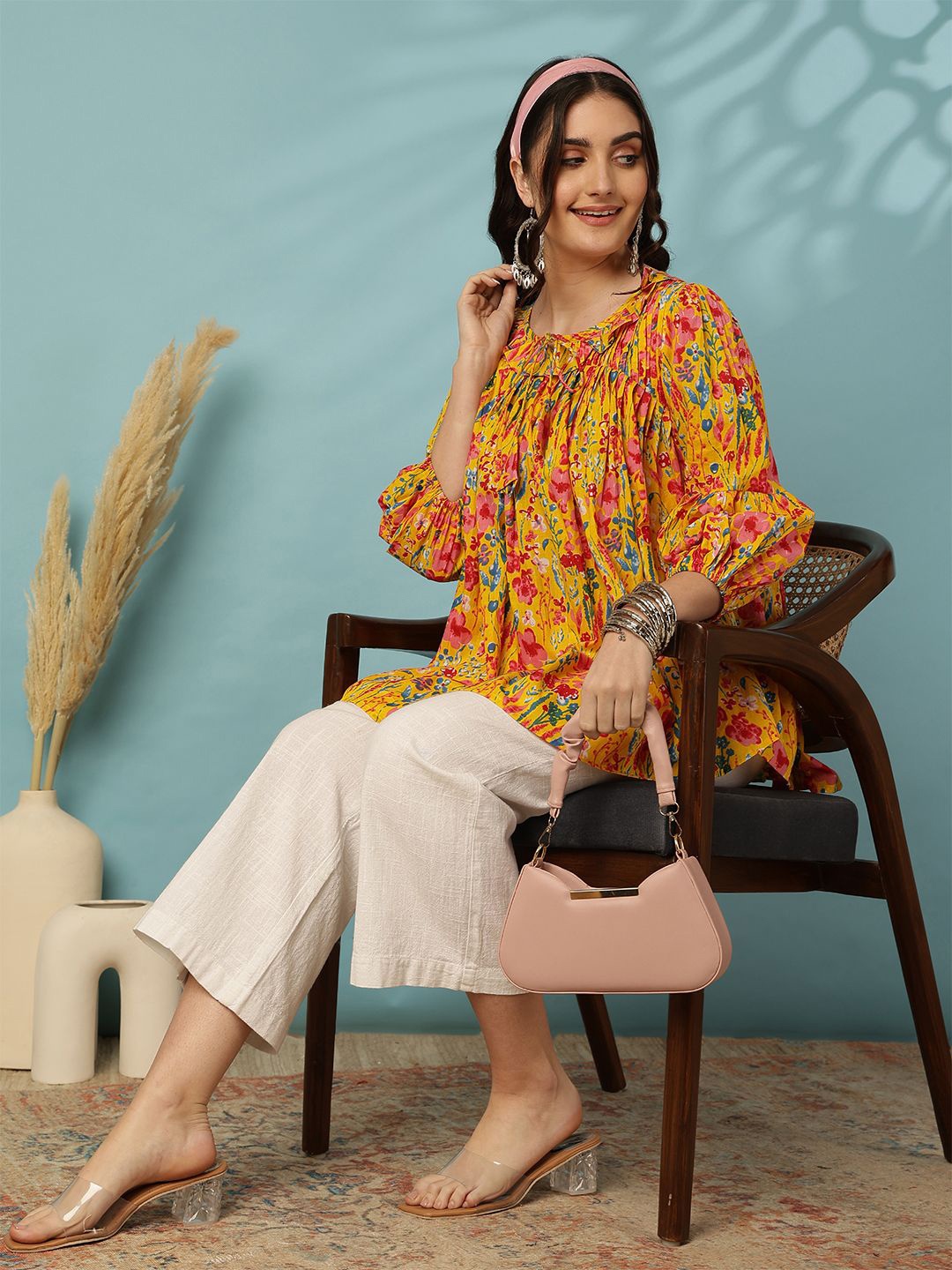 

KIMAYRA Floral Print Tie-Up Neck Bell Sleeve Cotton Top, Yellow