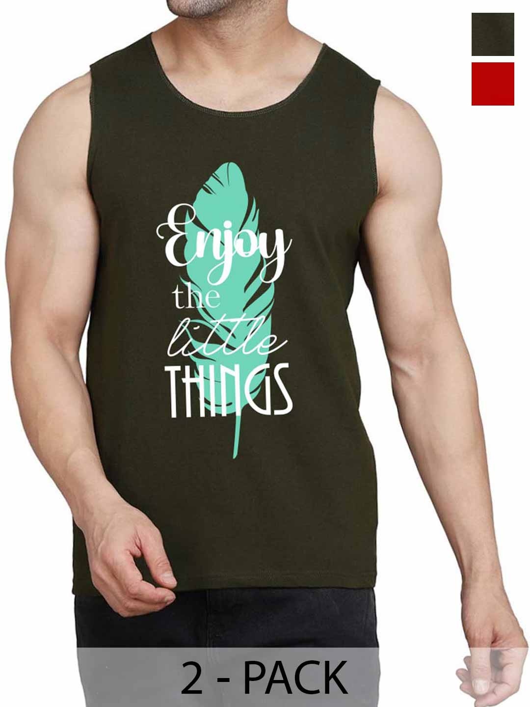 

WOOSTRO Pack Of 2 Printed Cotton Innerwear Vests RS26 (ENJOY OLIVE)(RUN RED)