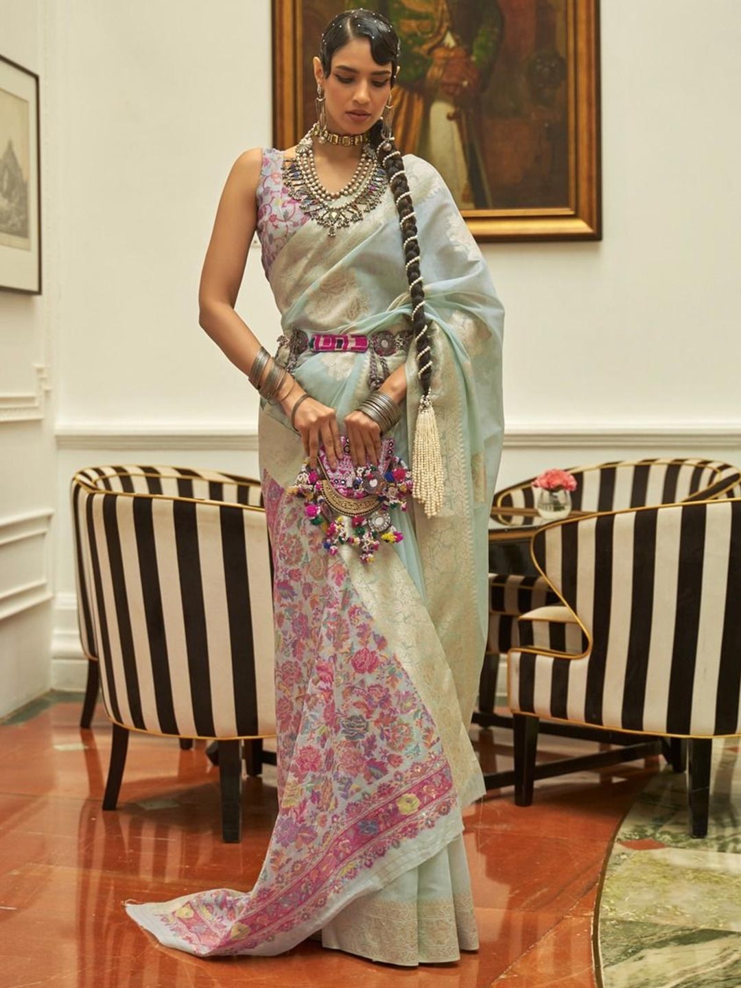 

Anouk Floral Woven Design Saree, Turquoise blue