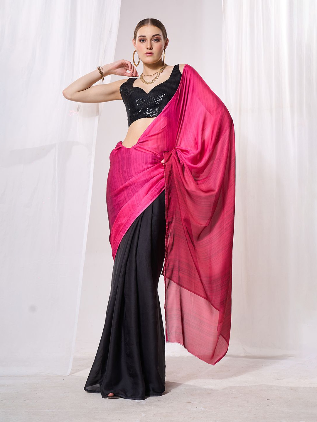 

Kalista Colourblocked Pure Chiffon Ready to Wear Saree, Pink