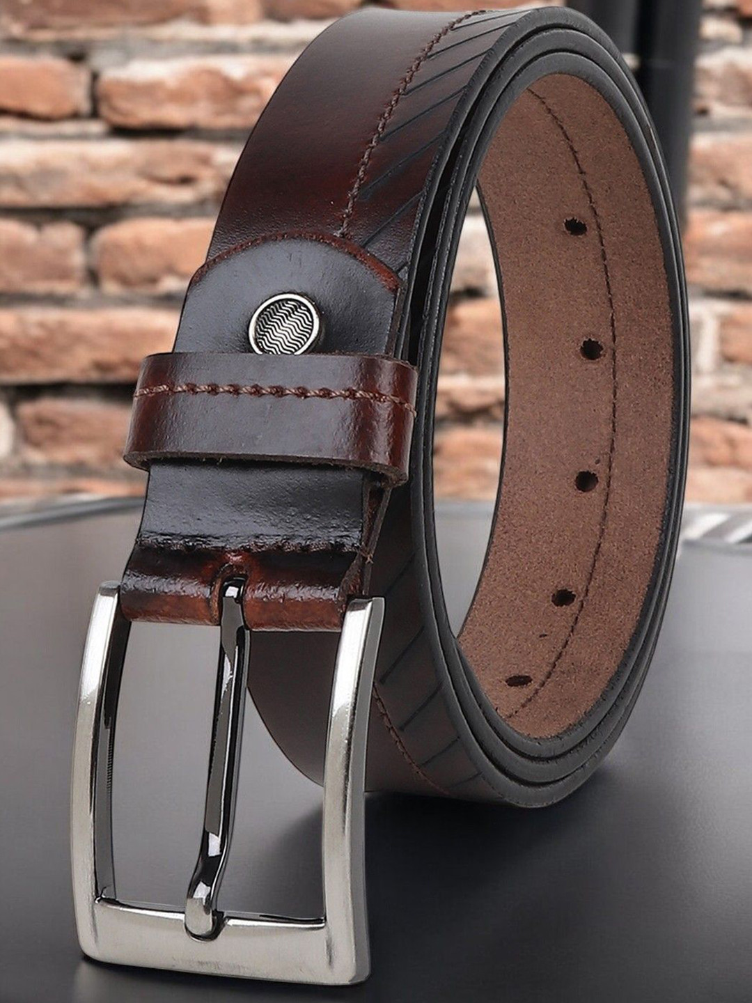 

Metronaut Men Textured Leather Formal Belt, Brown