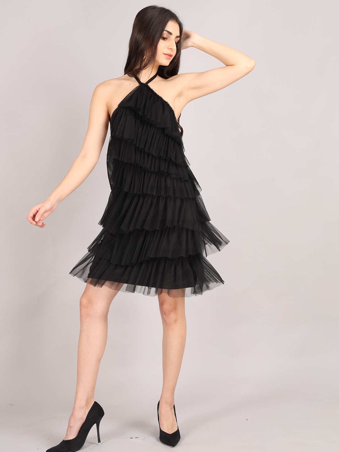 

Misverse Women Halter Neck Net Tiered Bodycon Dress, Black