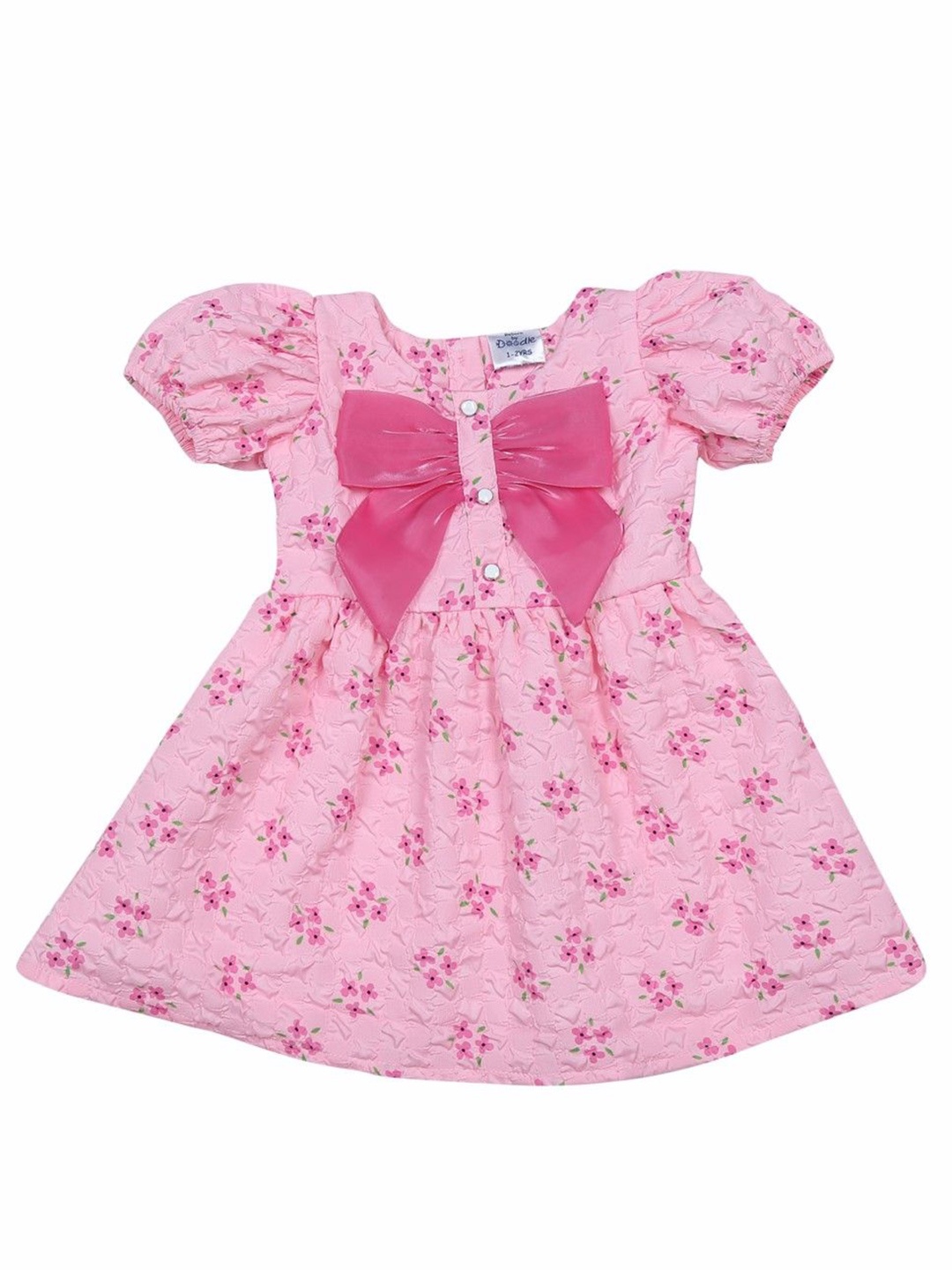 

Doodle Girl Floral Print Bow Detail Puff Sleeves Fit & Flare Dress, Pink