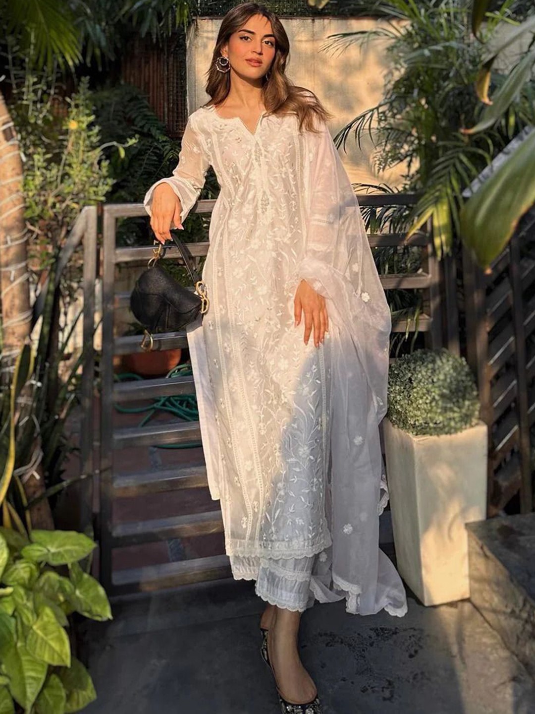 

Bought First Floral Embroidered Notch Neck Straight Kurta With Trousers And Dupatta, White