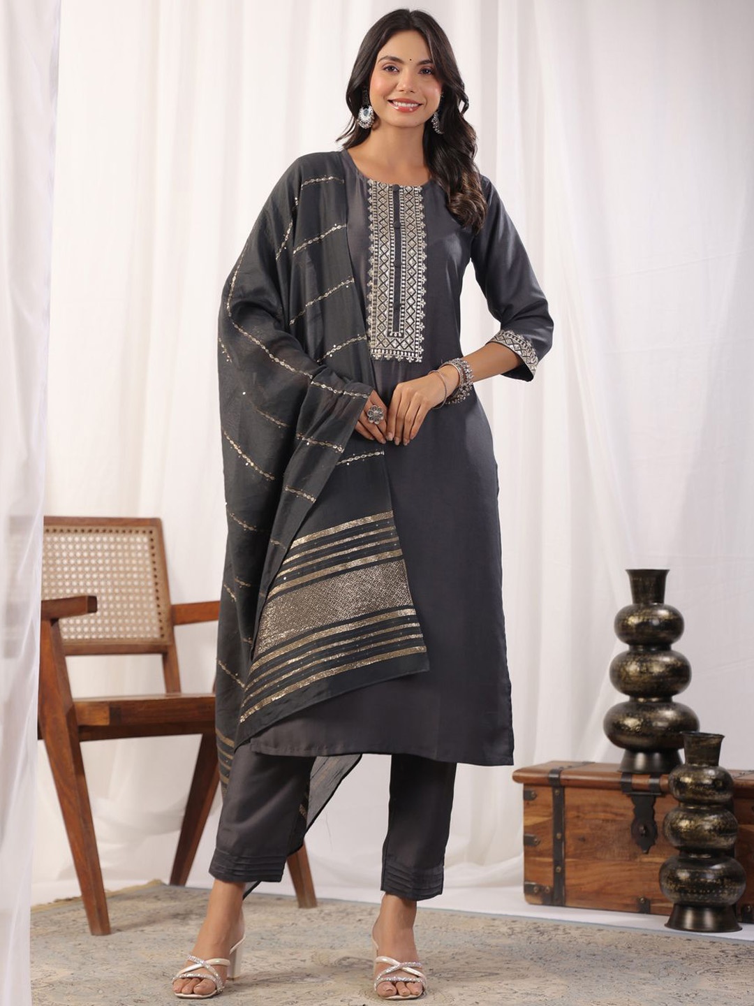 

KALINI Ethnic Motifs Yoke Design Round Neck Straight Kurta With Trousers & Dupatta, Grey