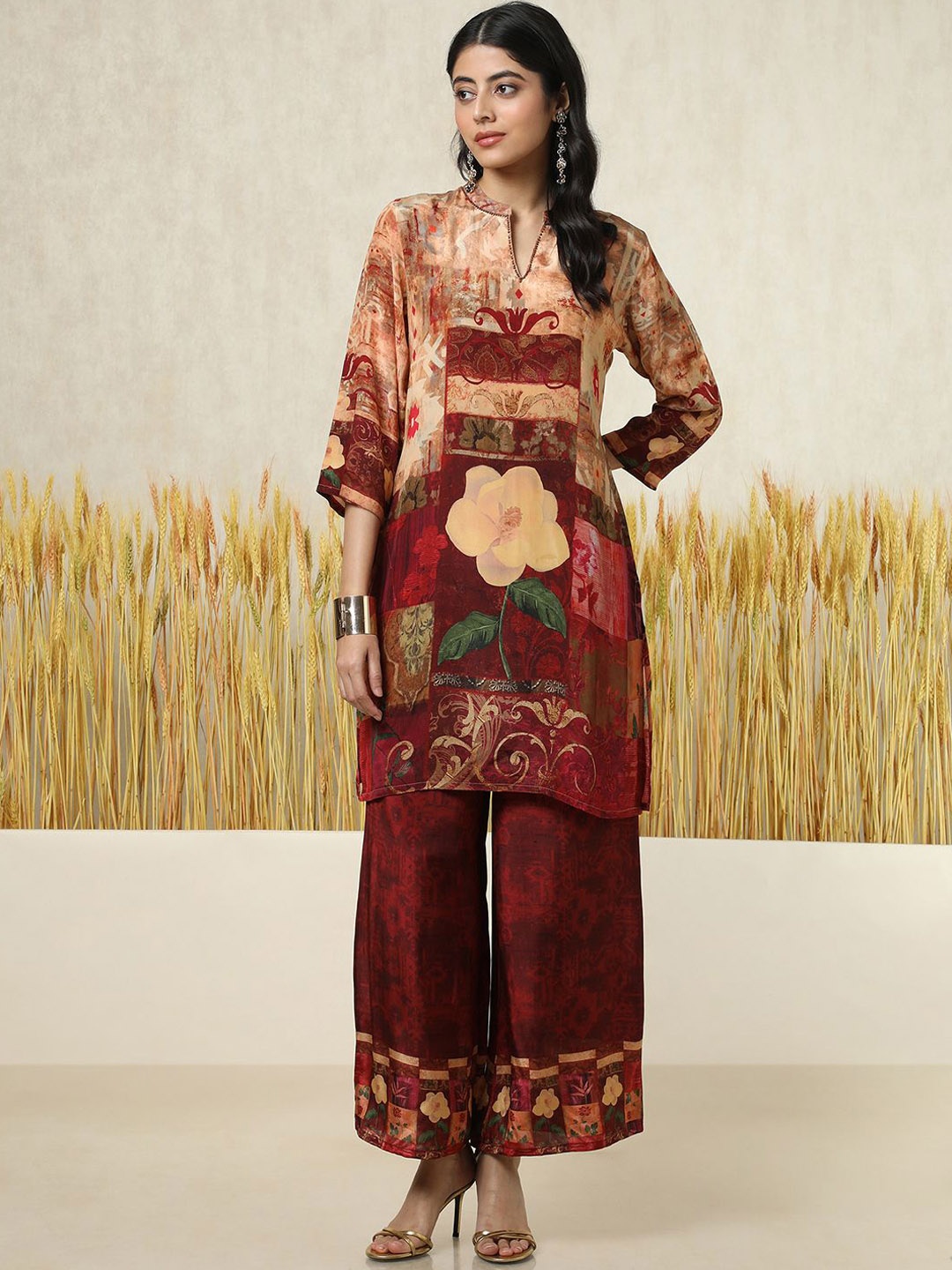 

Soch Floral Printed Mandarin Collar A-Line Tunic & Palazzos, Peach