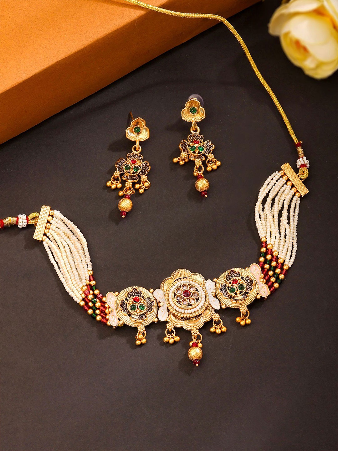 

Yellow Chimes Gold-Plated Stone Studded & Pearls Beaded Choker Jewellery Set