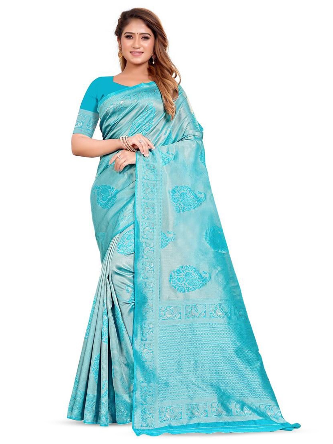 

JULEE Ethnic Motifs Woven Design Zari Pure Silk Banarasi Saree, Turquoise blue