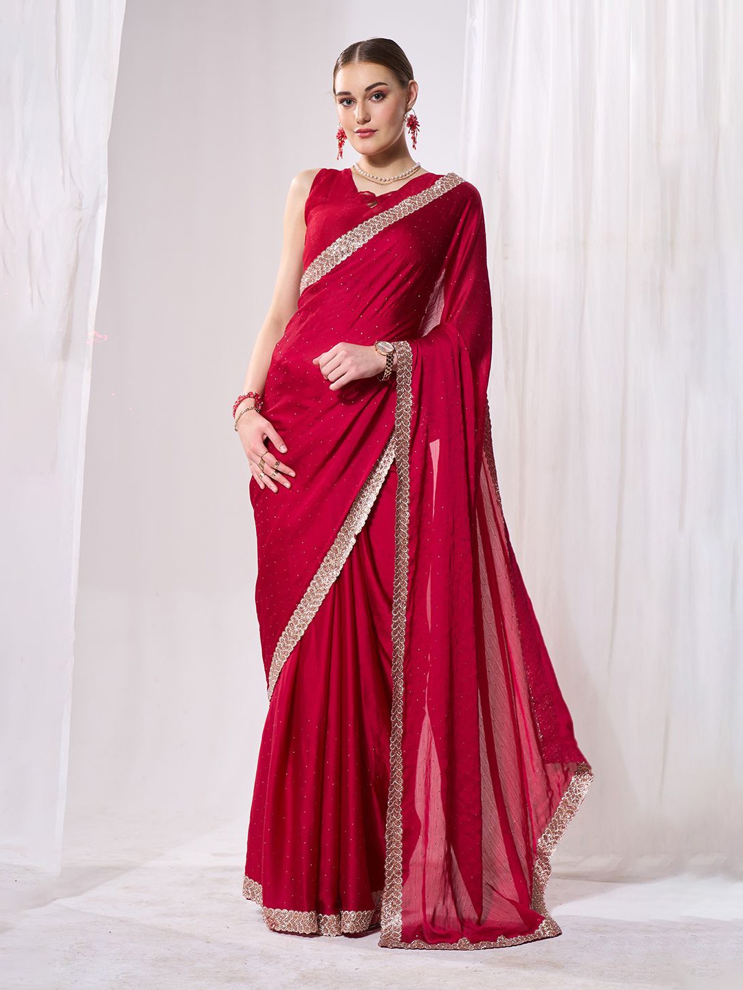 

Mitera Beads and Stones Pure Chiffon Saree, Red