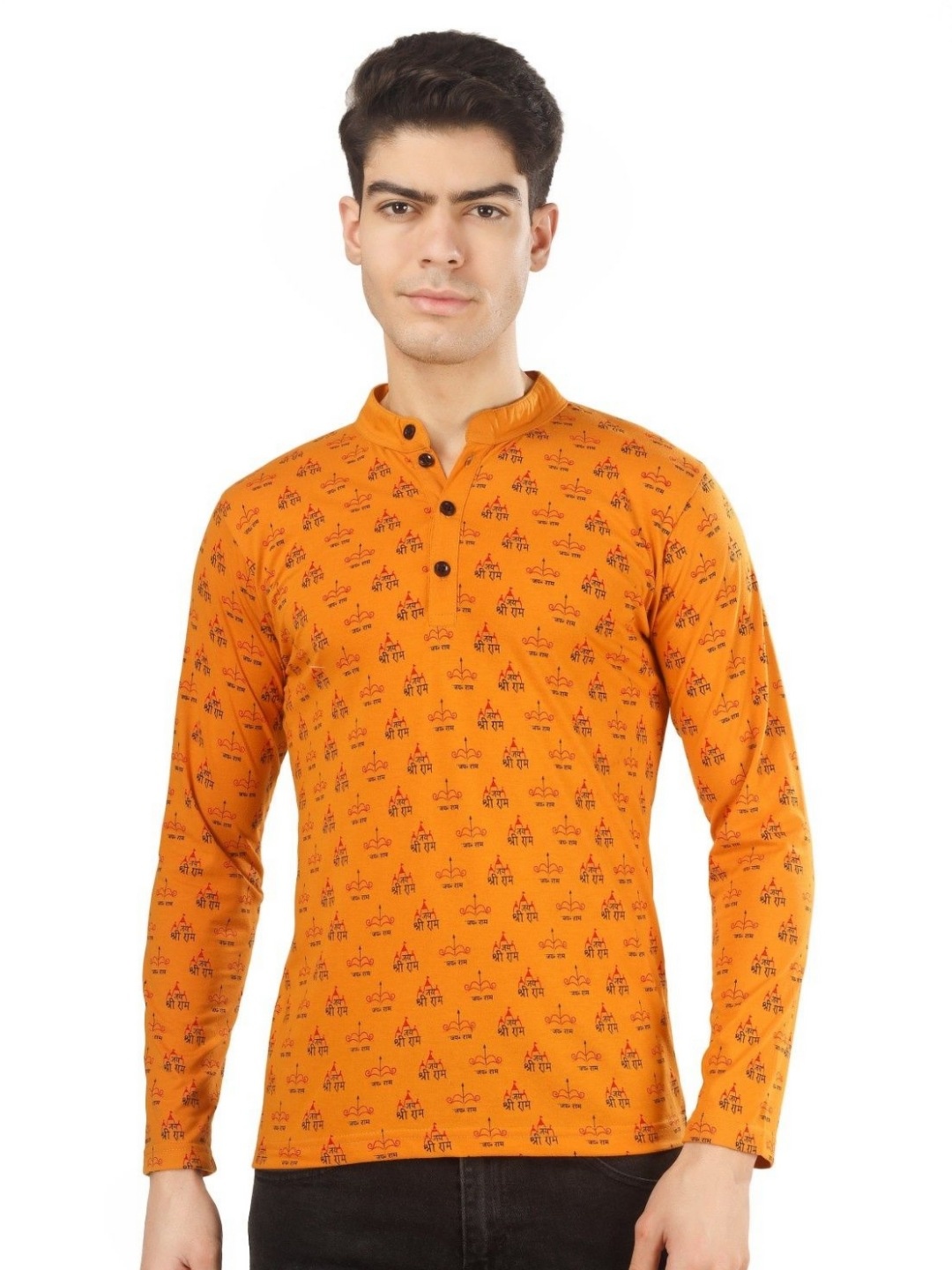 

BLUEFICUS Men Printed Mandarin Collar T-shirt, Mustard