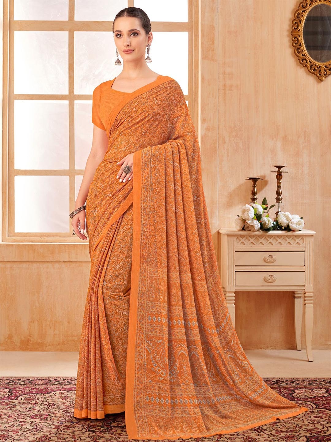 

Anouk Rustic Paisley Pure Georgette Dabu Saree, Orange