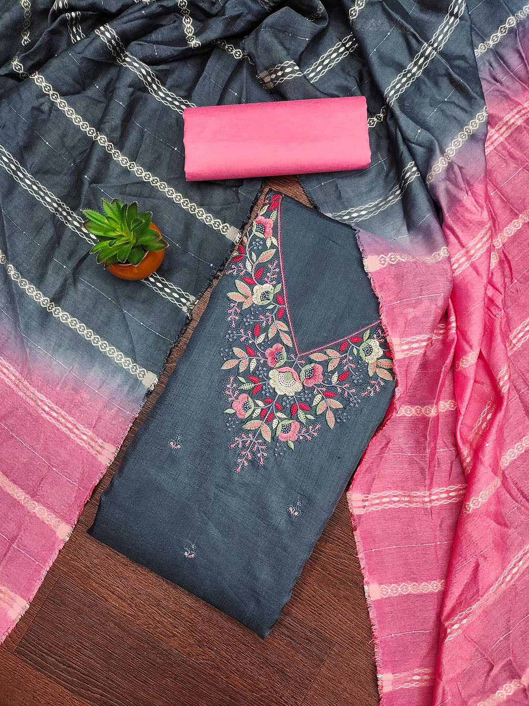 

SAINOOR Embroidered Silk Cotton Unstitched Dress Material, Grey