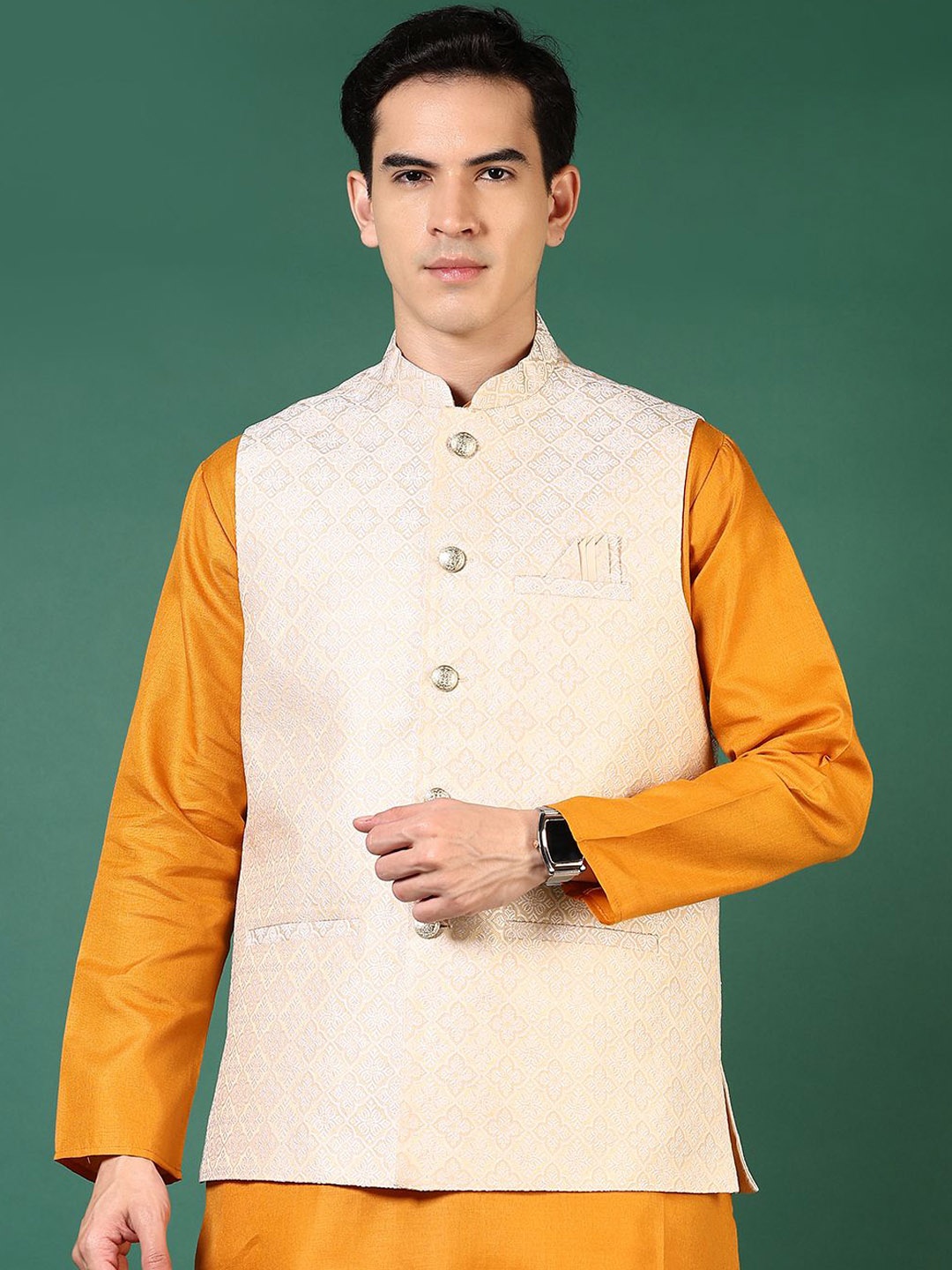 

V-Mart Self Design Woven Nehru Jacket, Cream