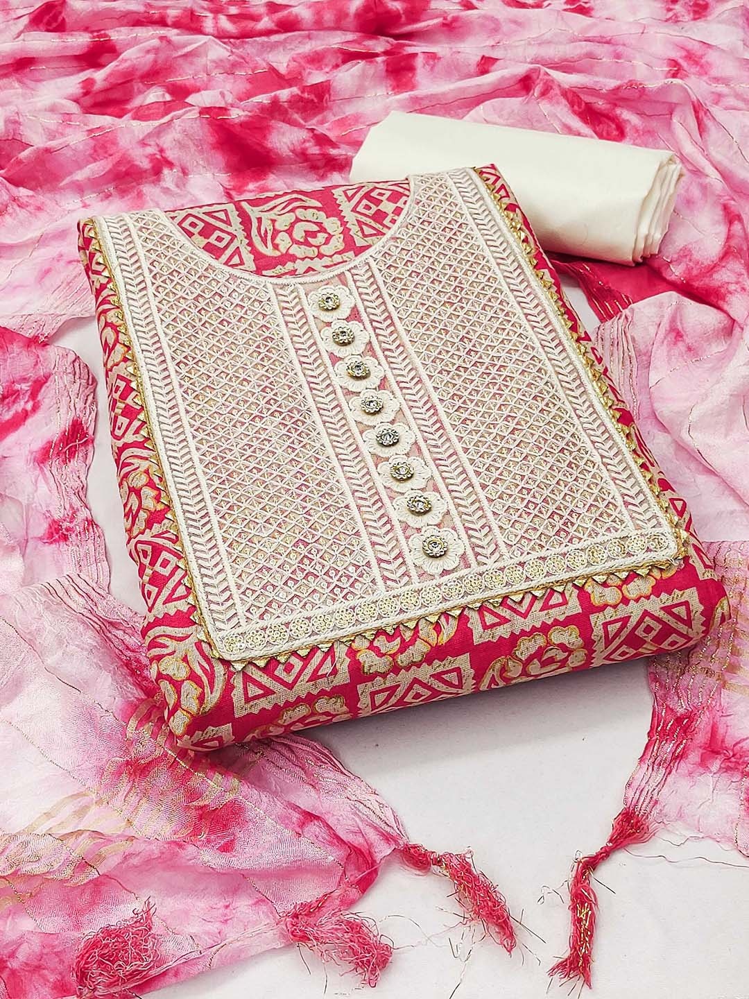 

SAINOOR Floral Embroidered Pure Cotton Unstitched Dress Material, Pink