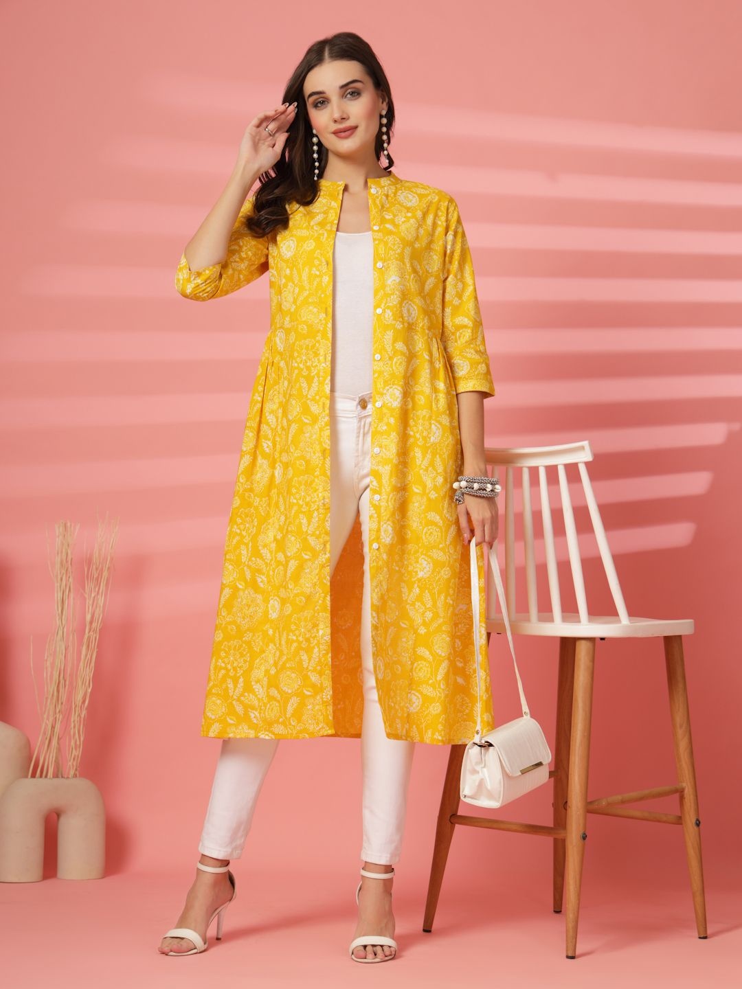 

SUBAGI FASHION Floral Printed Gathers Longline Cotton Shrug, Yellow