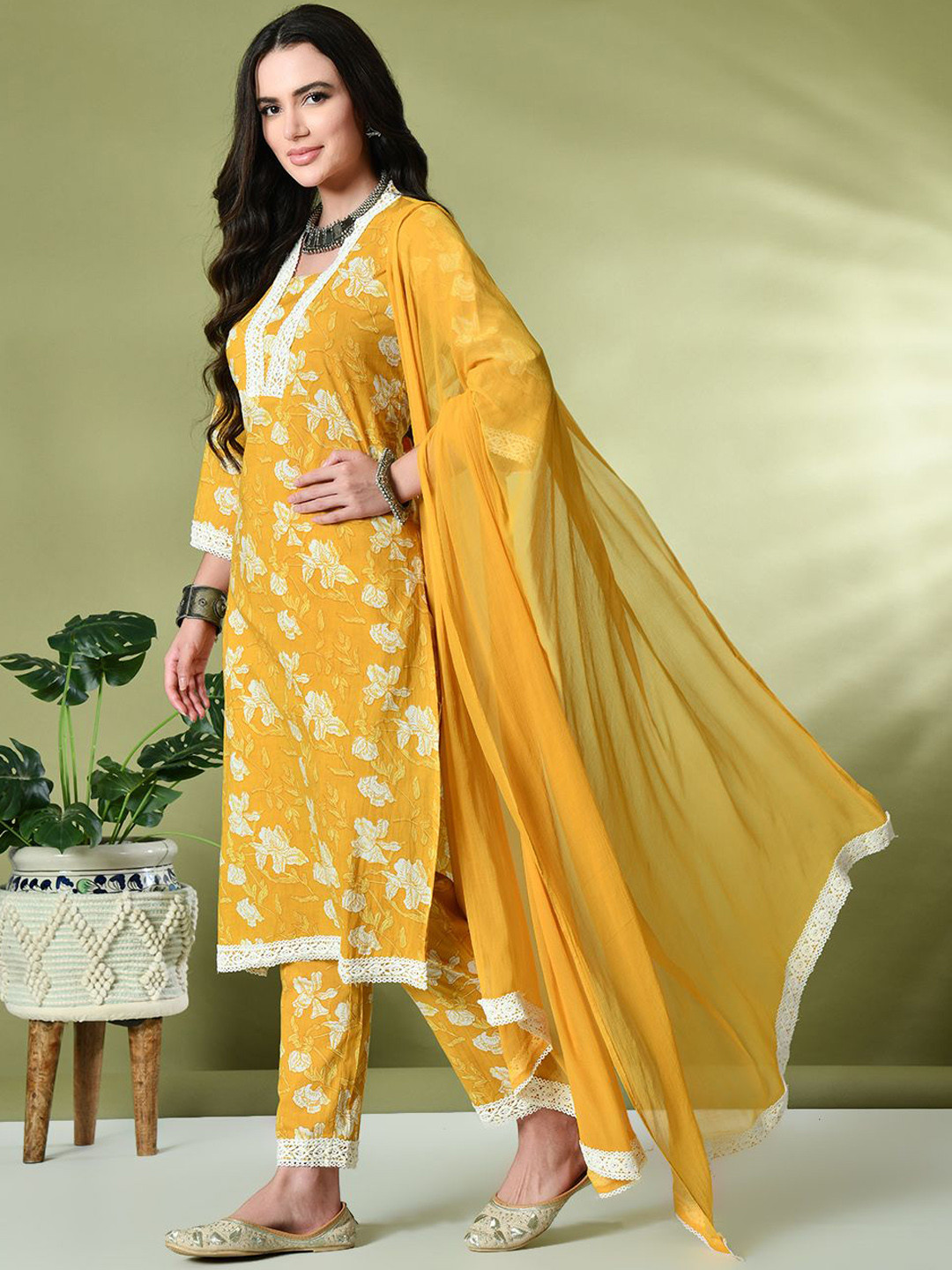

KALINI Floral Printed Pure Cotton Kurta With Trousers & Dupatta, Yellow