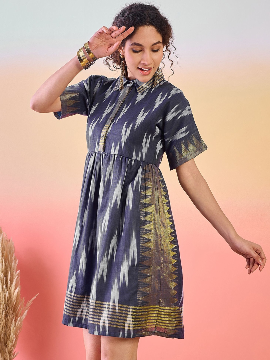 

Sangria Abstract Printed Shirt Collar Fit & Flare Dress, Navy blue